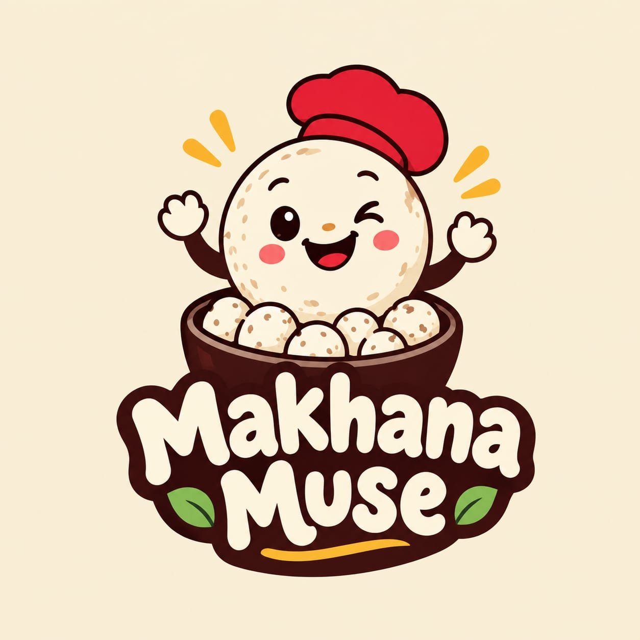 Makhana Muse logo: a happy makhana wearing a red chef hat, sitting in a bowl of makhana